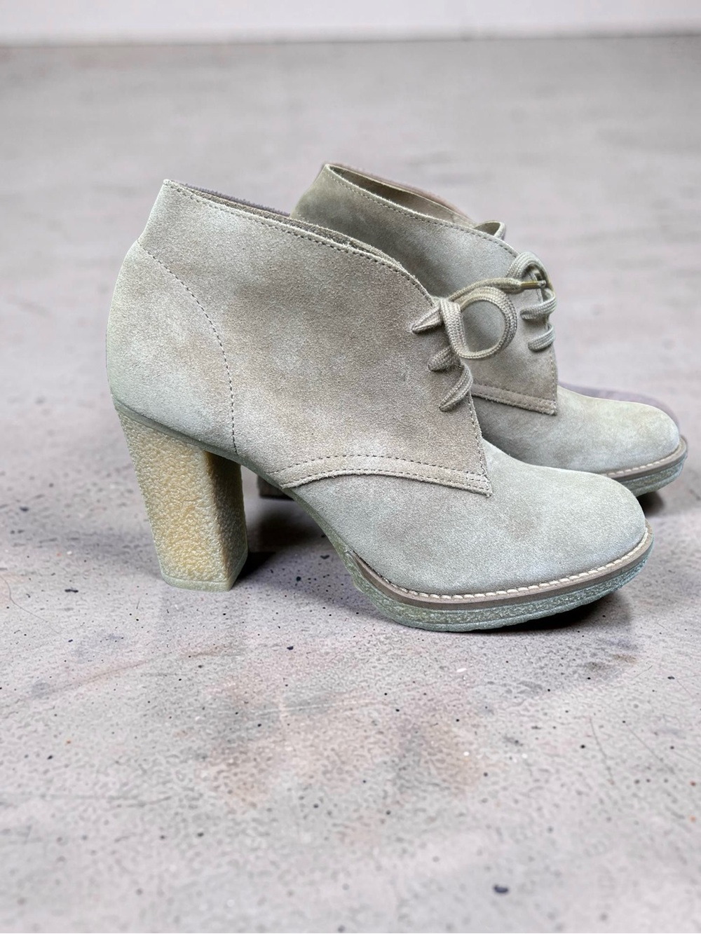 J Crew Suede Lace-Up Chunky Heel Bootie in Light Taupe